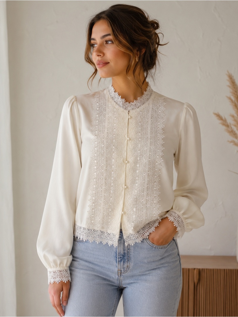 Brownstone Studio Vintage‎ Lace Blouse Cream Ivory Romantic Cottagecore Large
